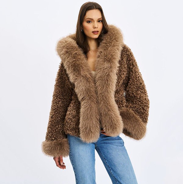 Miss Circle Faux Shearling Kali Coat in Brown