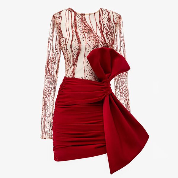 Red Satin Evening Mini Dress with Bow – Elegant Fit (1)