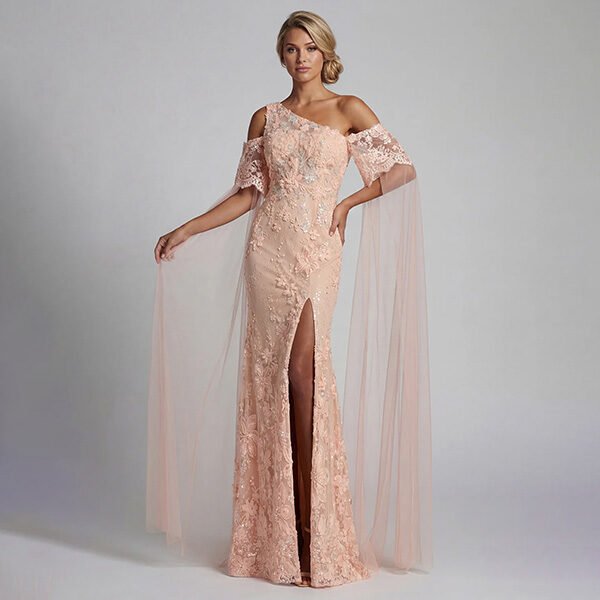 "Zapaka peach floral mermaid dress with beaded details and elegant cape for mother of the bride"