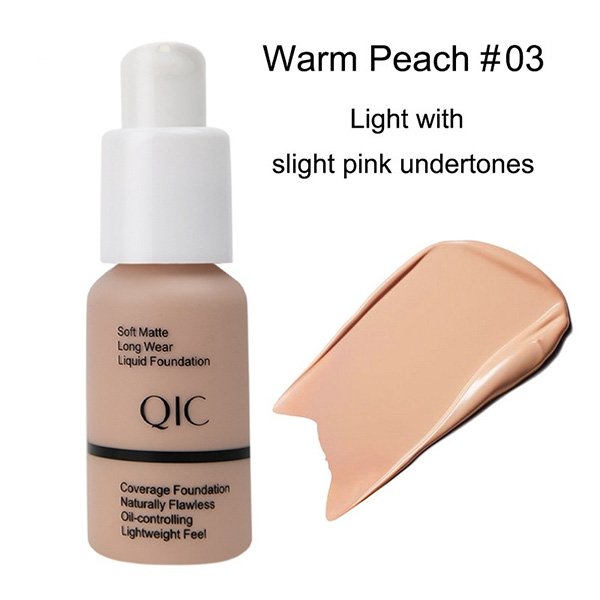 Matte Liquid Foundation shade 103 Warm Peach light pink undertones swatch by QIC