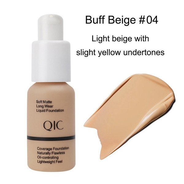 Matte Liquid Foundation shade 104 Buff Beige light yellow undertones swatch by QIC