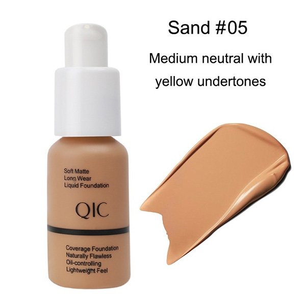 Matte Liquid Foundation shade 105 Sand medium yellow undertones swatch by QIC