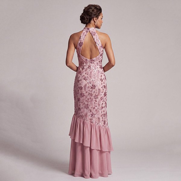 Mother Of The Bride Dress Vintage Mauve back view with keyhole open back and tiered ruffle hem by Zapaka