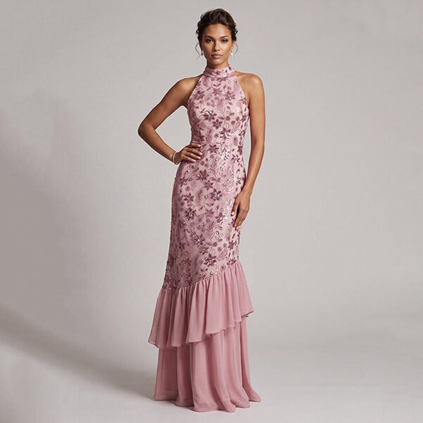 Mother Of The Bride Dress Vintage Mauve halter sequin embroidery sheath gown front view by Zapaka