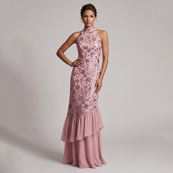 Mother Of The Bride Dress Vintage Mauve halter sequin embroidery sheath gown front view by Zapaka