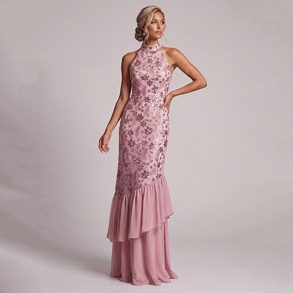 Mother Of The Bride Dress Vintage Mauve side view with floral sequin embroidery and ruffle chiffon hem by Zapaka
