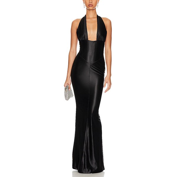 Satin Gown Charity black plunging halter neckline with corset waist by Retrofete