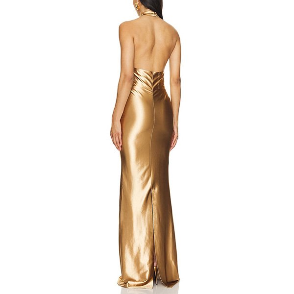 Satin Gown Charity gold open back with halter neck and back vent by Retrofete