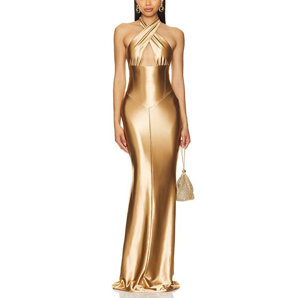 Satin Gown Charity gold crisscross halter front cut-out floor length by Retrofete
