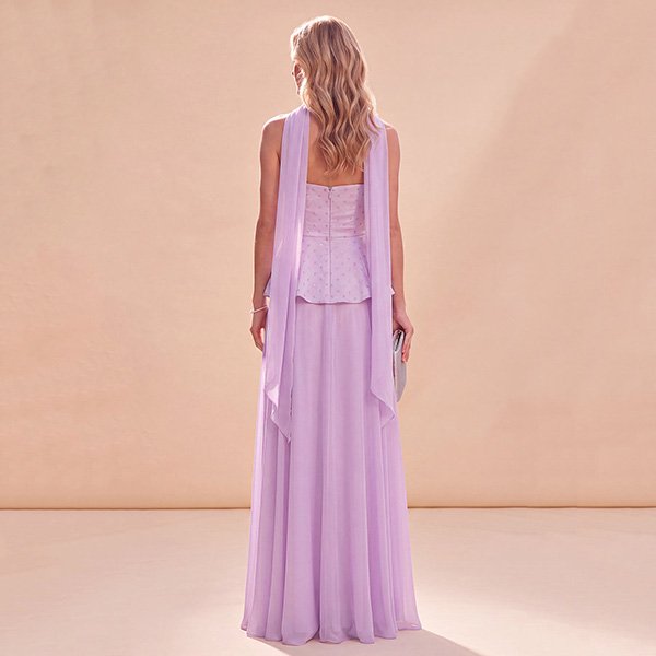 Strapless Maxi Dress Light Purple back view with beaded peplum bodice and chiffon scarf by Zapaka