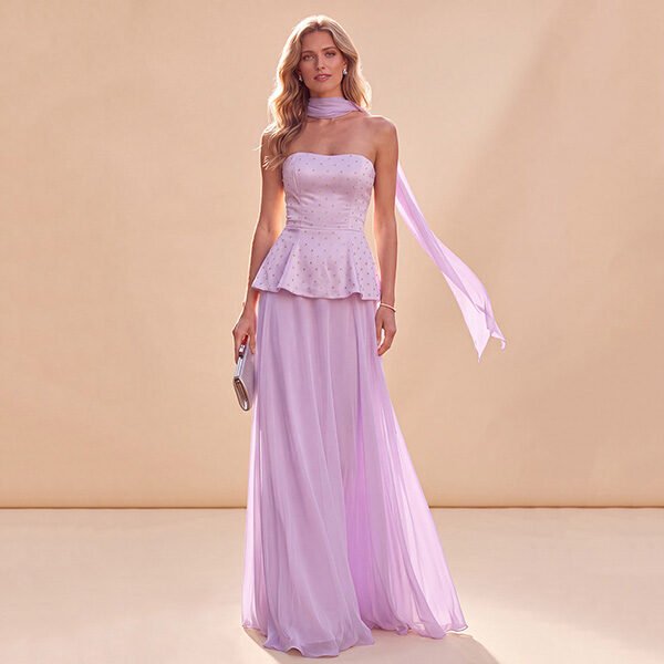 Strapless Maxi Dress Light Purple with beaded bodice, peplum waist and flowing chiffon skirt by Zapaka