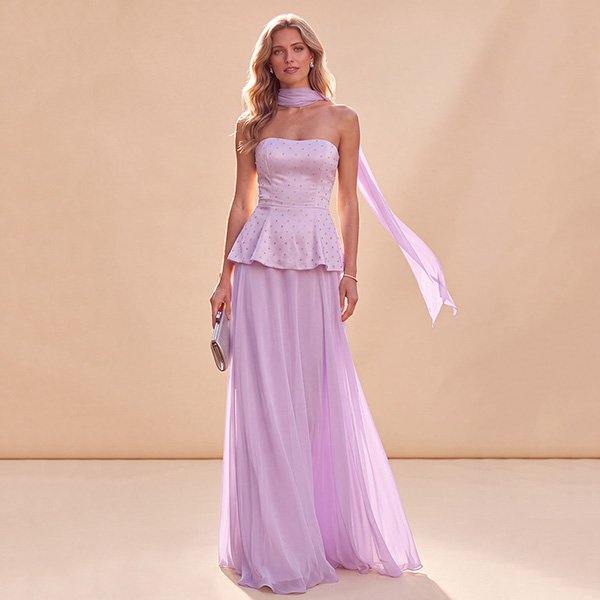 Strapless Maxi Dress Light Purple with beaded bodice, peplum waist and flowing chiffon skirt by Zapaka