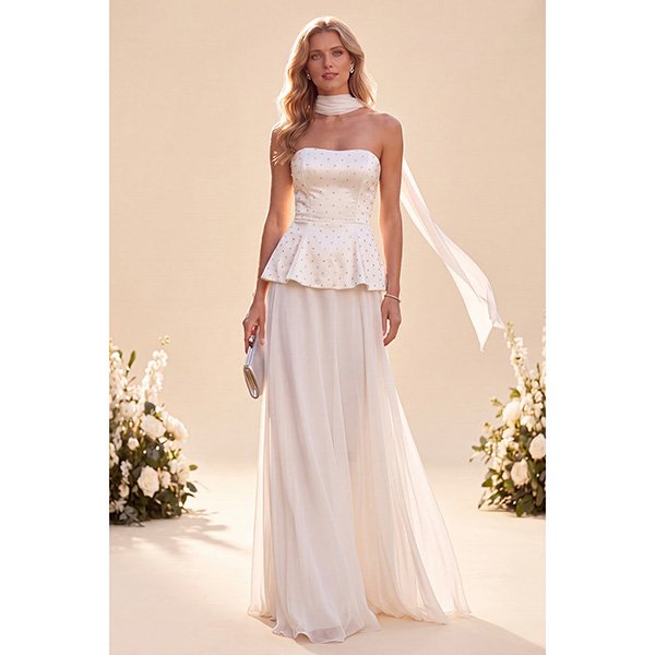 Strapless Maxi Dress White with beaded peplum bodice and A-line chiffon skirt by Zapaka