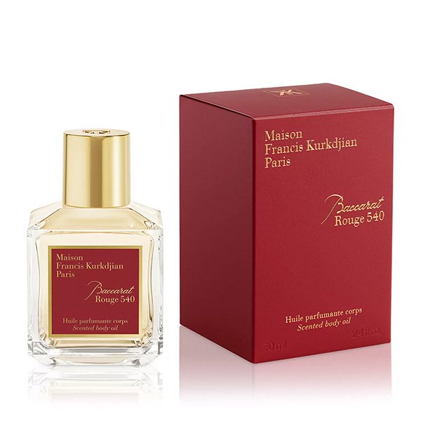 MFK Baccarat Rouge 540 body oil in glass bottle with jasmine saffron ambergris notes