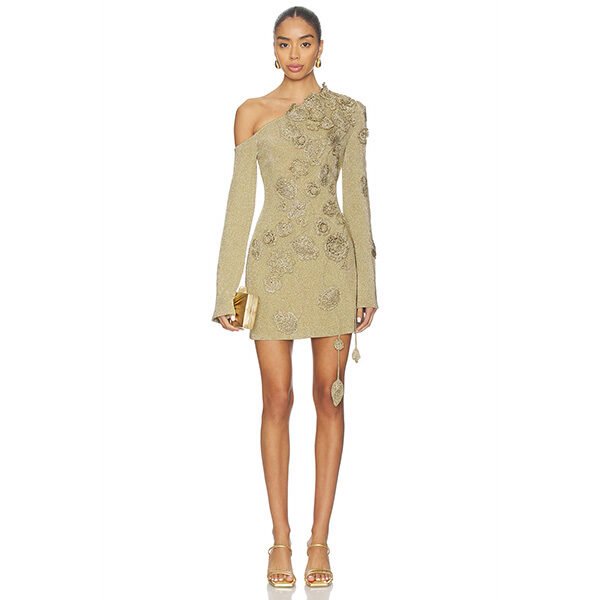 One shoulder mini dress in gold Lurex knit with embroidered floral appliqué