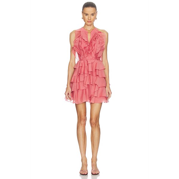 Ruffle mini dress by Aje Cleo in Spiced Coral with tiered chiffon