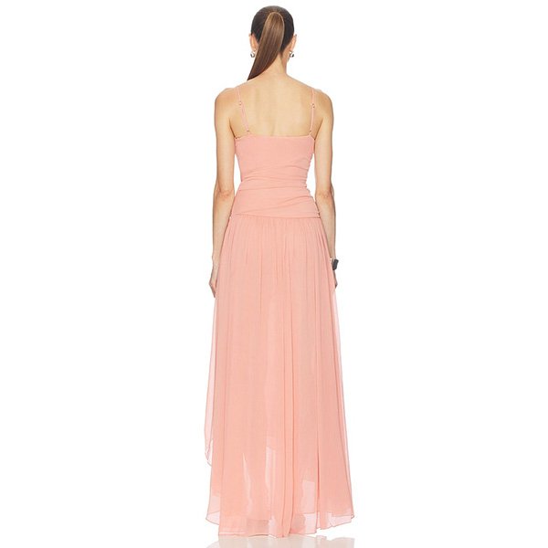 Peach Maxi Dress Arcina Ori Delilah back view with thin straps and flowing asymmetric chiffon hem
