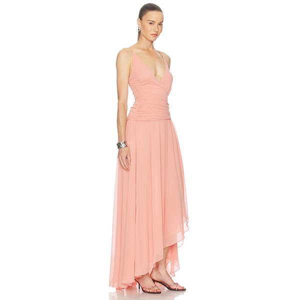 Peach Maxi Dress side profile showing draped high-low chiffon skirt