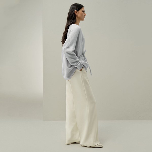 Silk Cashmere Cardigan LILYSILK ice side profile with wide sleeves and belted drape