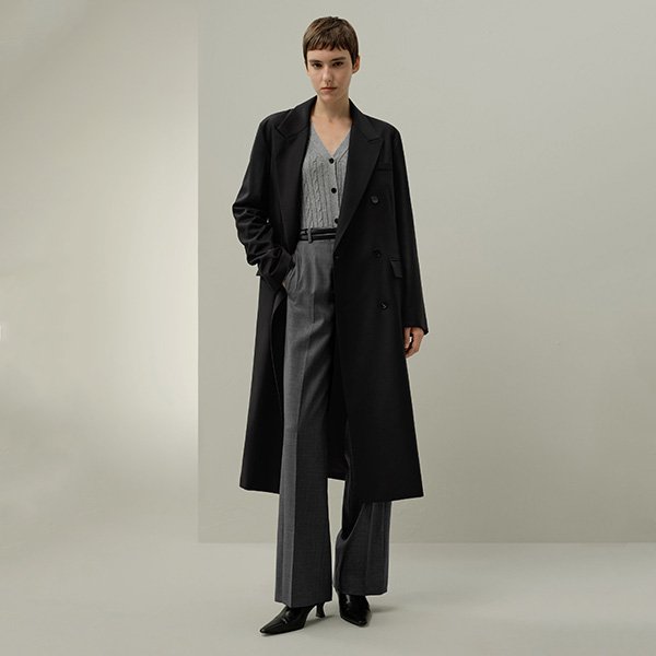 Wool Blend Coat LILYSILK black double-breasted front view over grey tailoring