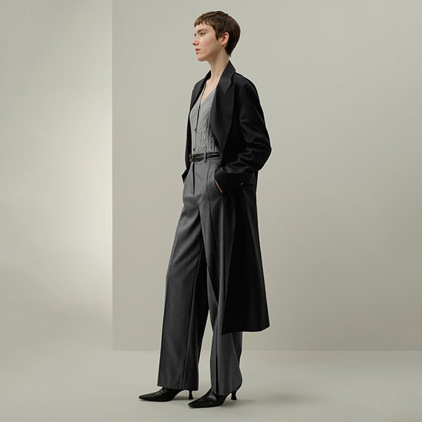 Wool Blend Coat LILYSILK black side profile showing draped longline silhouette