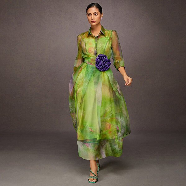 "Green abstract print maxi dress with 3D floral belt, fully lined polyester fabric, shirt collar design for women"