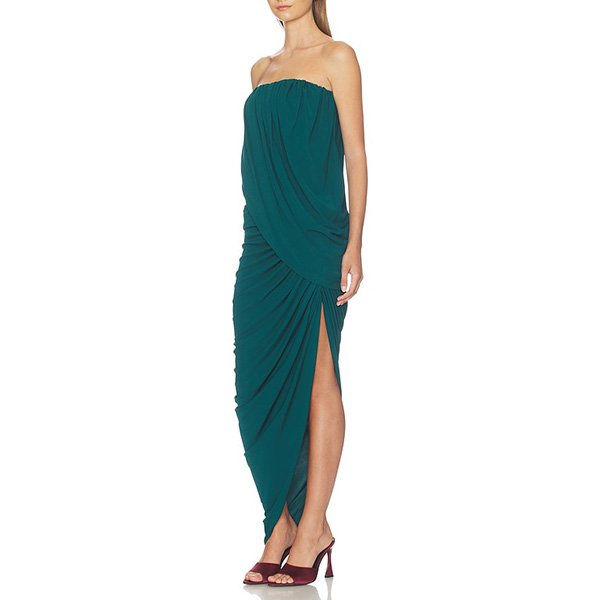 Asha Maxi Dress Deep Teal by NBD - Side profile showing high slit and flowing drape detail