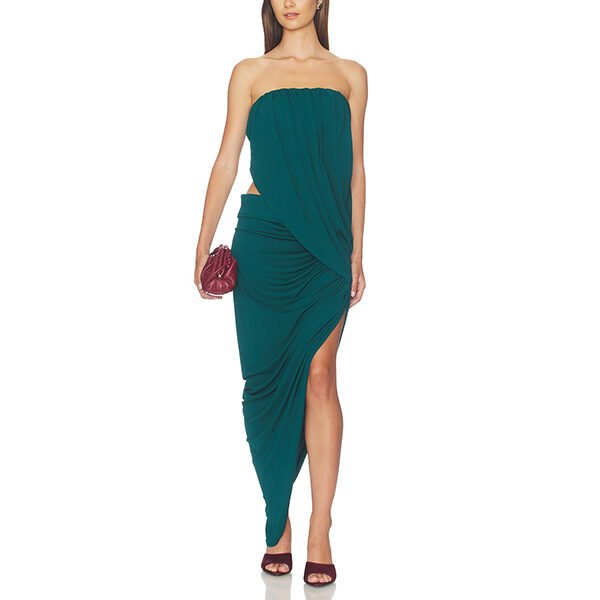 Asha Maxi Dress Deep Teal strapless draped gown with side cutout by NBD - Front view with burgundy clutch