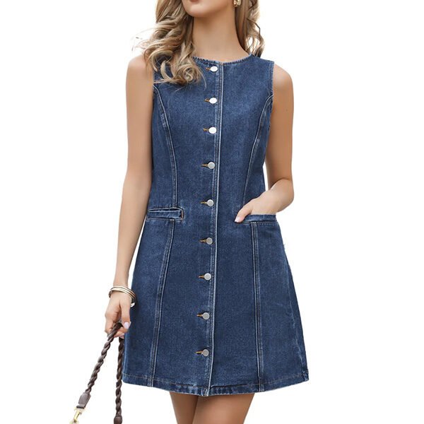 Allegra K sleeveless blue denim dress with button-down front and practical pockets for women