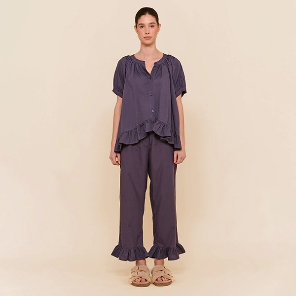 "Omfort Sophie sleep set in midnight blue cotton-modal fabric, button-down top with cropped elastic waist pants featuring drawstring and pockets"
