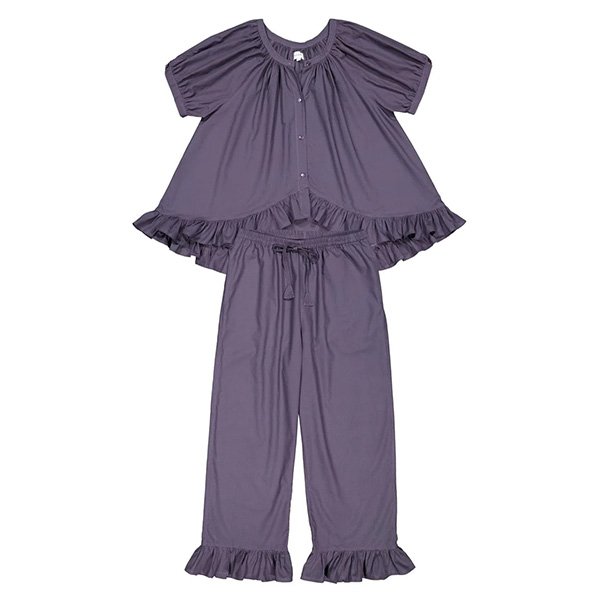 "Omfort Sophie sleep set in midnight blue cotton-modal fabric, button-down top with cropped elastic waist pants featuring drawstring and pockets"