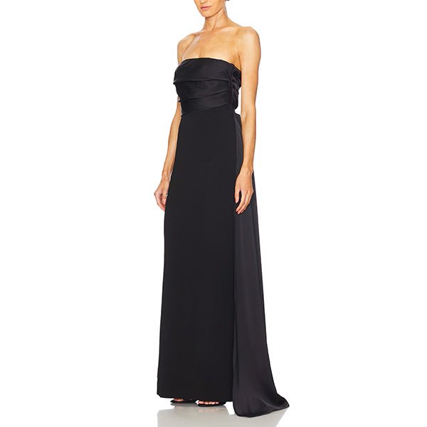 Strapless maxi gown with draped bodice and side panel detail