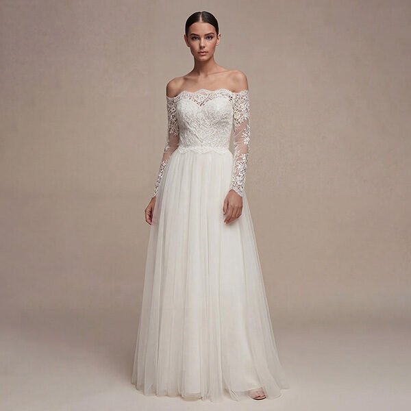 "Zapaka white floral lace wedding dress with long sleeves and A-line silhouette for bride"