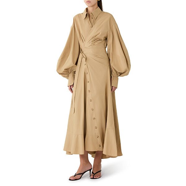 "Zimmermann Rebellion poplin midi dress in olive, crisp cotton fabric with wrap waist belt and blouson sleeves for women"