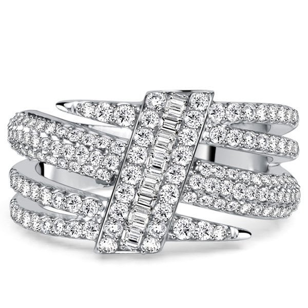 Engagement Ring Italo triple row white sapphire angled view with micro pave and emerald cuts