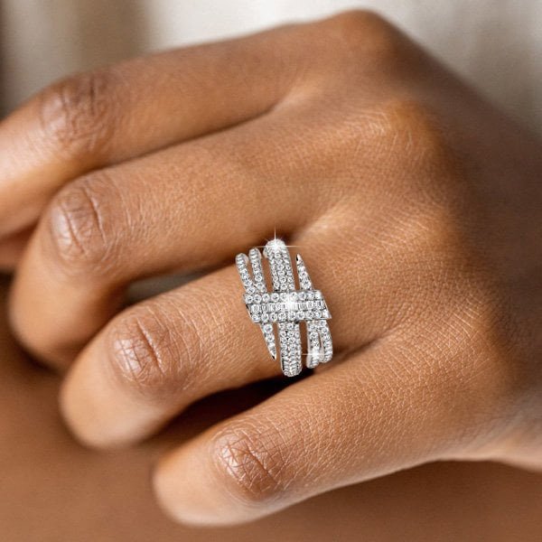 Engagement Ring Italo white sapphire triple row worn on hand showing sparkle