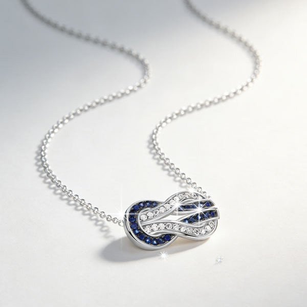 Infinity Necklace Italo blue and white sapphire pavé close-up with sparkle on soft surface