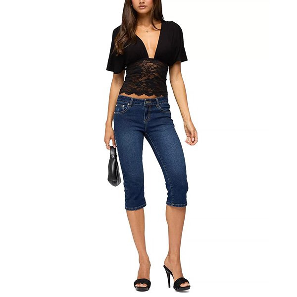 Lace Top Edikted Jaeda black full view with plunging V-neck, flutter sleeves and lace midsection over capri jeans
