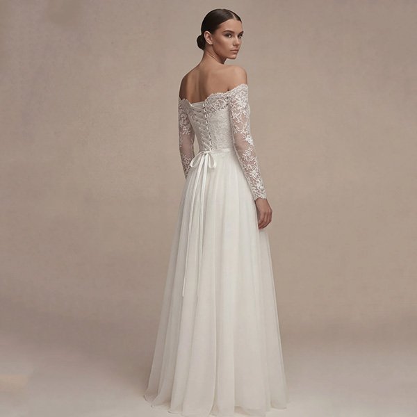 Lace Wedding Gown Zapaka off-shoulder back view with corset lace-up, satin bow and tulle A-line skirt