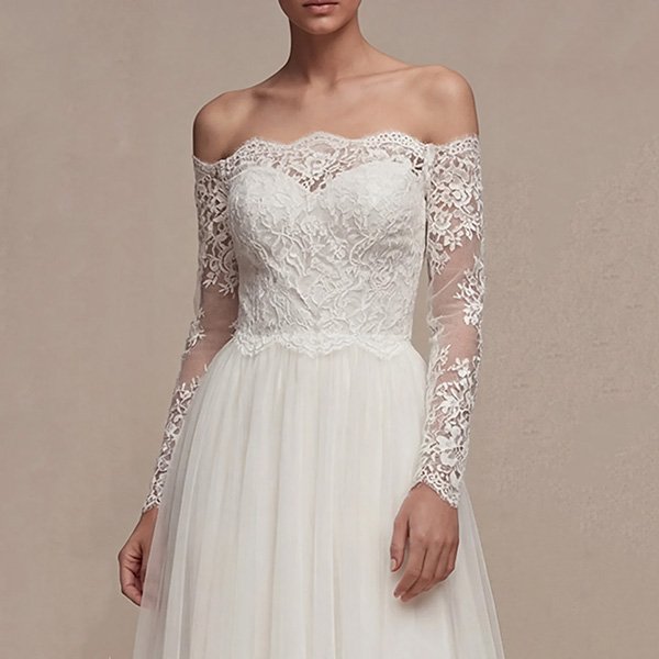 Lace Wedding Gown Zapaka floral lace bodice close-up with off-shoulder neckline and sheer sleeves