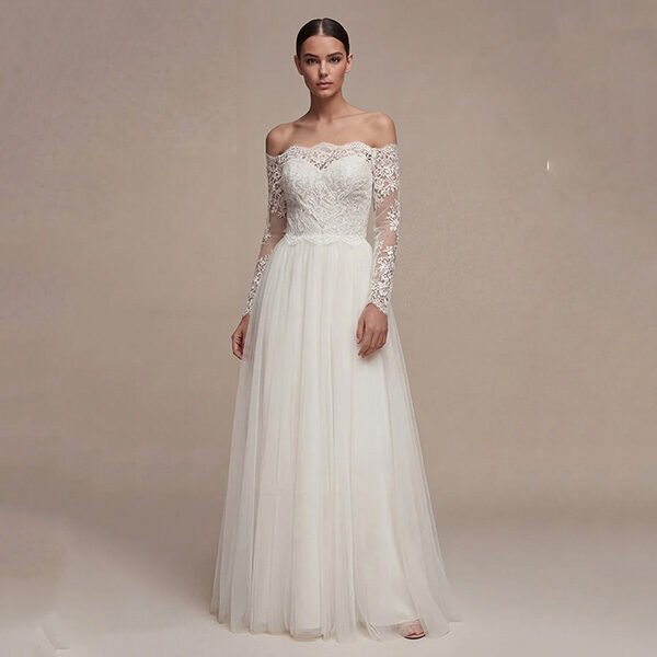 Lace Wedding Gown Zapaka full front view off-shoulder A-line tulle bridal dress in white