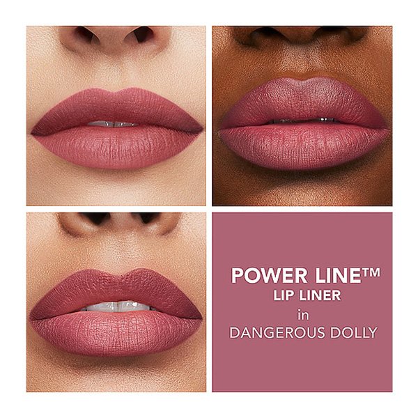 Lip Liner Buxom Power Line Dangerous Dolly dusty mauve pink swatches on three skin tones