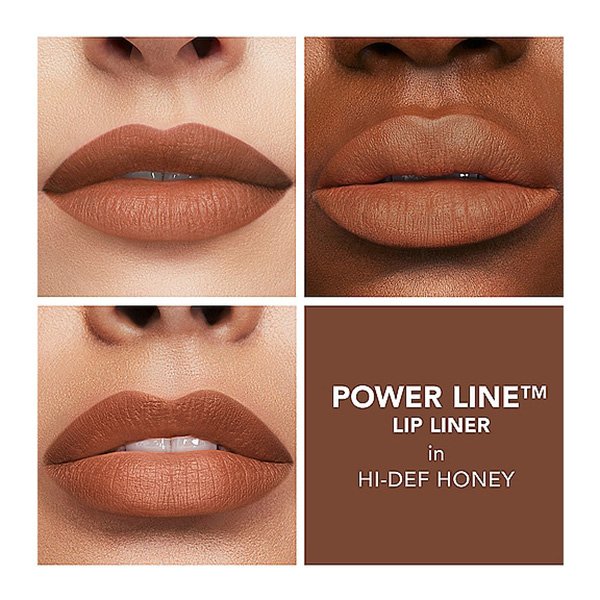 Lip Liner Buxom Power Line Hi-Def Honey golden caramel swatches on three skin tones