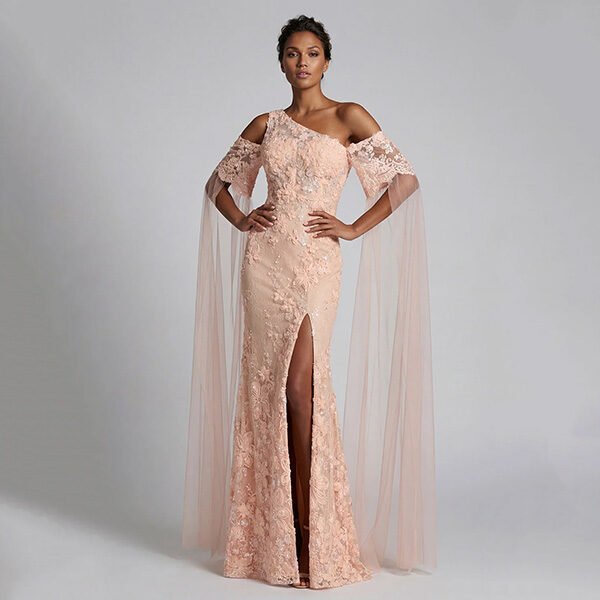 Mermaid Gown Zapaka peach floral lace front view with tulle cape and thigh-high slit