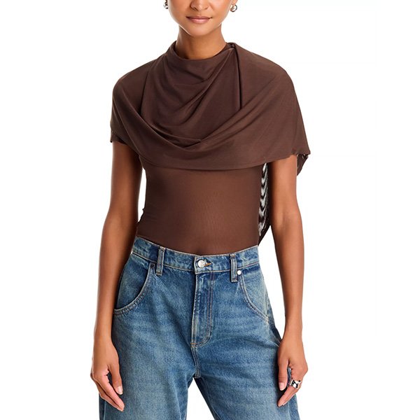 Mesh Top AFRM Fiona espresso mock neck and drape overlay close-up front view