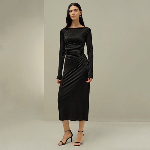 Midi Dress LILYSILK black silk jersey front view with boat neckline, long sleeves and side ruching