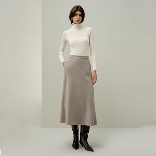 Midi Skirt LILYSILK mottled silk-wool taupe full-length front view styled with boots