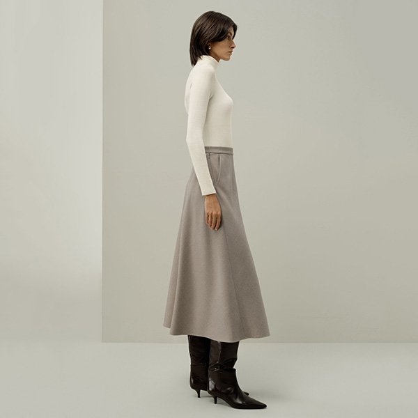 Midi Skirt LILYSILK taupe side profile highlighting fluid A-line drape and side pocket