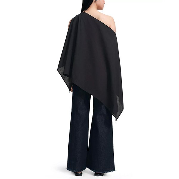 One Shoulder Top Marcella Jas black back view showing asymmetric draped tunic over wide-leg denim