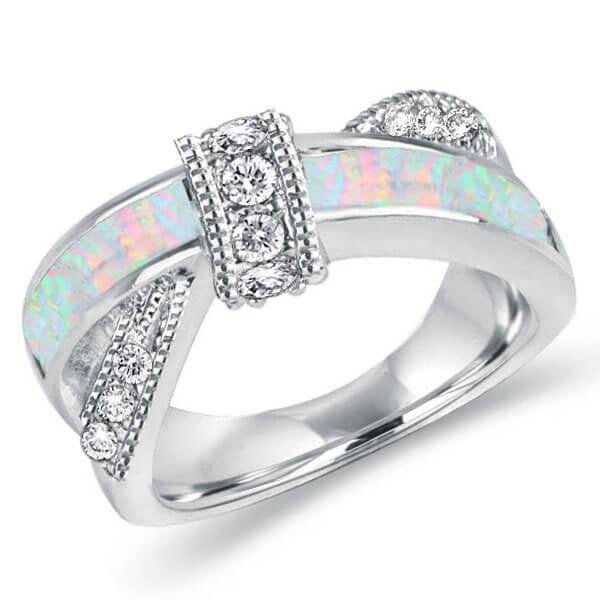 Opal Ring Italo angled view showing knot design, opal band and round white sapphires